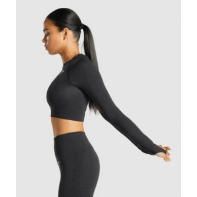 ⁦Gym Shark Vital Seamless 2.0 Long Sleeve Crop Top Black⁩ – תמונה ⁦3⁩