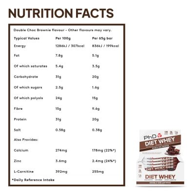 PhD Diet Protein Whey Bar 12X65G Double Chocolate – תמונה 2