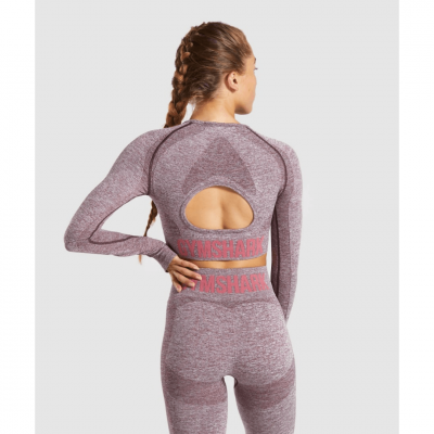 ⁦Gym Shark Flex Sports Long Sleeve Crop Top Berry Marl/Rose⁩ – תמונה ⁦2⁩