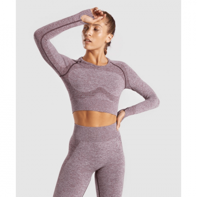 ⁦Gym Shark Flex Sports Long Sleeve Crop Top Berry Marl/Rose⁩ – תמונה ⁦1⁩