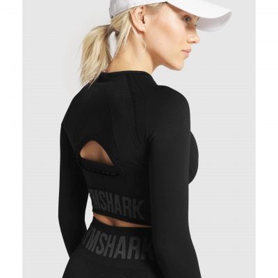 ⁦Gym Shark Flex Sports Long Sleeve Crop Top Black/Charcoal⁩ – תמונה ⁦4⁩