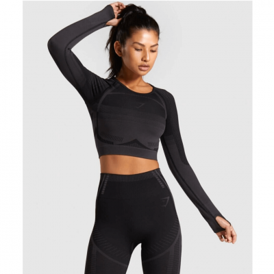 Gym Shark GEO Seamless Long Sleeve Crop Top Black – תמונה 1