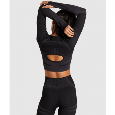 Gym Shark GEO Seamless Long Sleeve Crop Top Black – תמונה 2