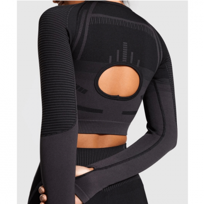 Gym Shark GEO Seamless Long Sleeve Crop Top Black – תמונה 3