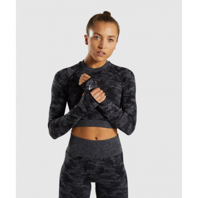 Gym Shark Camo Seamless Long Sleeve Crop Top Black – תמונה 1