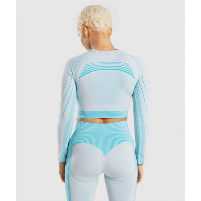 Gym Shark Hyper Amplify Long Sleeve Crop Top Light Grey Marl/Light Teal – תמונה 2