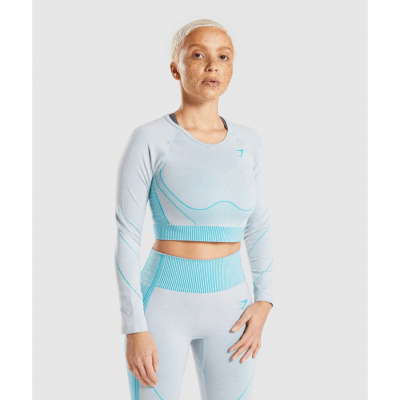 Gym Shark Hyper Amplify Long Sleeve Crop Top Light Grey Marl/Light Teal – תמונה 1