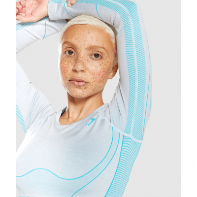 Gym Shark Hyper Amplify Long Sleeve Crop Top Light Grey Marl/Light Teal – תמונה 5