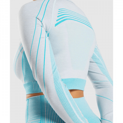 Gym Shark Hyper Amplify Long Sleeve Crop Top Light Grey Marl/Light Teal – תמונה 3