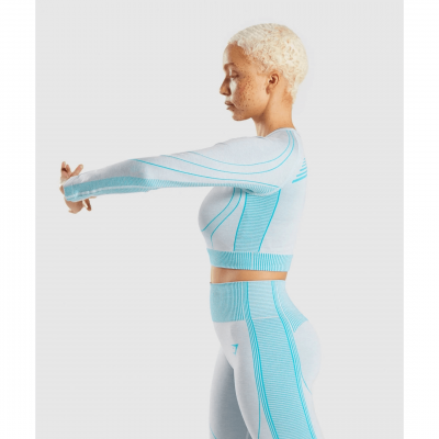 Gym Shark Hyper Amplify Long Sleeve Crop Top Light Grey Marl/Light Teal – תמונה 4