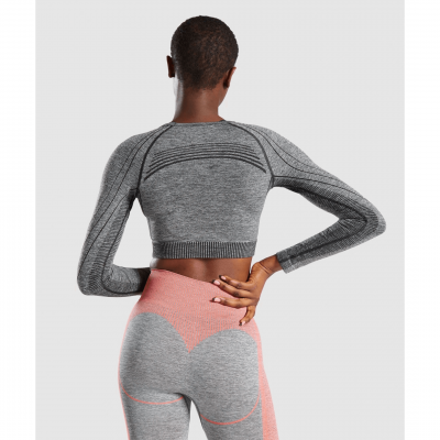 Gym Shark Hyper Amplify Long Sleeve Crop Top Black Marl/Black – תמונה 2