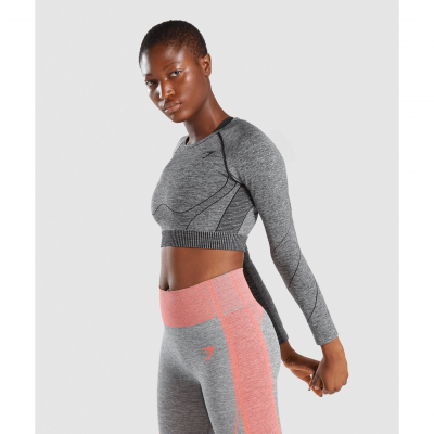 Gym Shark Hyper Amplify Long Sleeve Crop Top Black Marl/Black – תמונה 1