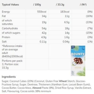 Bounty Vegan Gluten Free Chocolate Bar 100g – תמונה 3