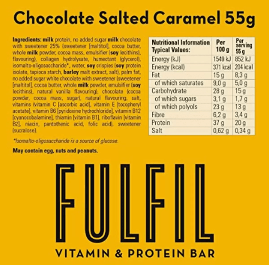 Fulfil Chocolate Salted Caramel Protein Bar nutrition fact