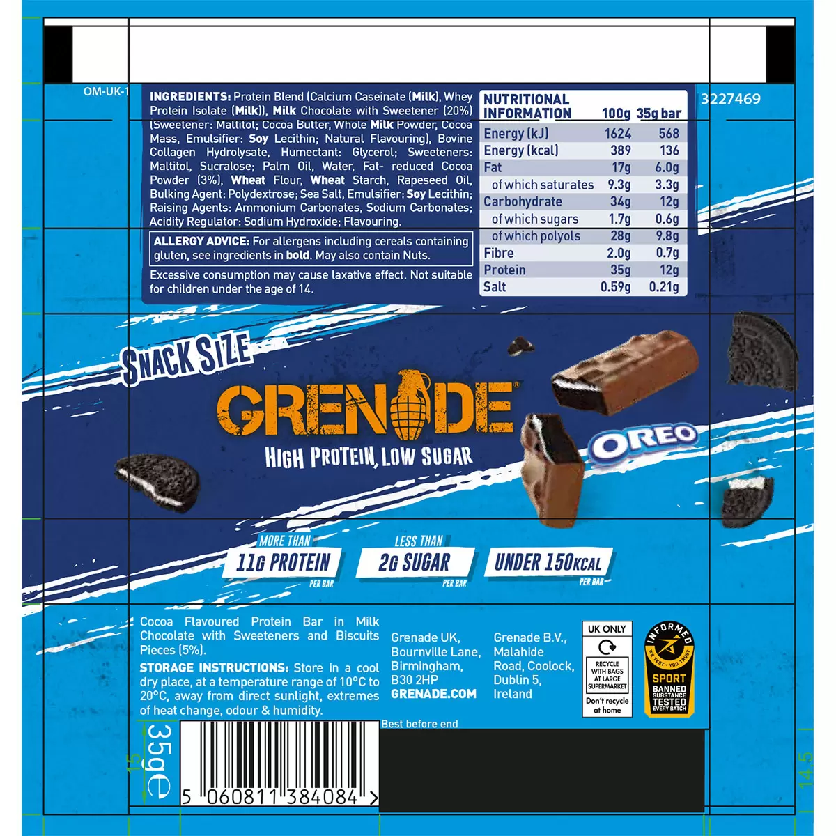 Grenade Carb Killa protein bar Oreo nutrition