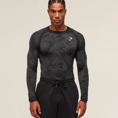 Gymshark Geo Seamless Long Sleeve T-Shirt Black/Charcoal Grey Outlet