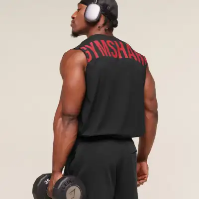 Gymshark Power Cut Off Tank oversized fit Black/Conditioning Red
